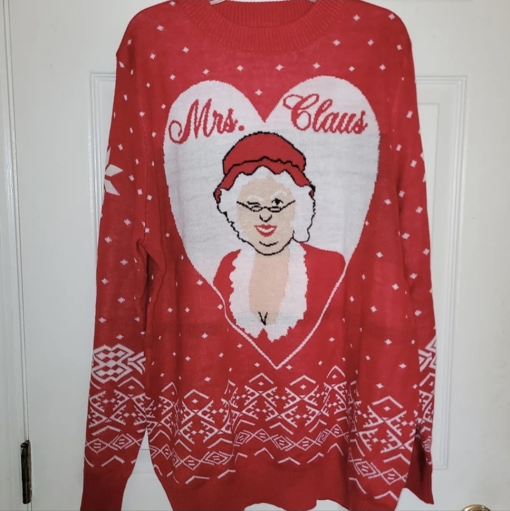 Knit Knack Women's Large Sexy Mrs Claus Ugly Christmas Sweater Holiday Cozy EUC